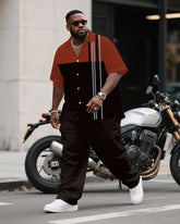 Men's Plus Size Business Black Red Striped Print Short Sleeve Shirt Trousers Suit